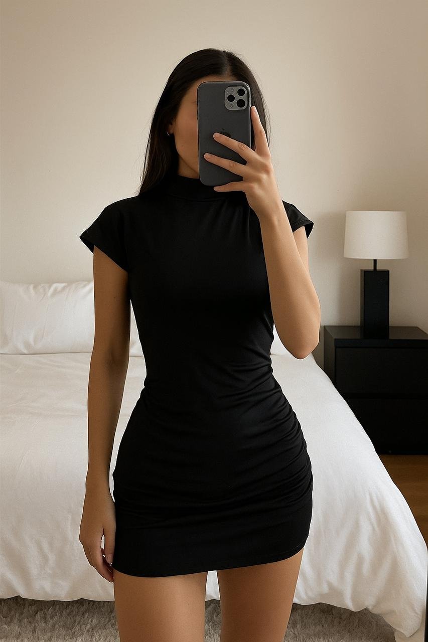 VESTIDO MICROFIBRA ESPALDA ABERTURA Y CUELLO