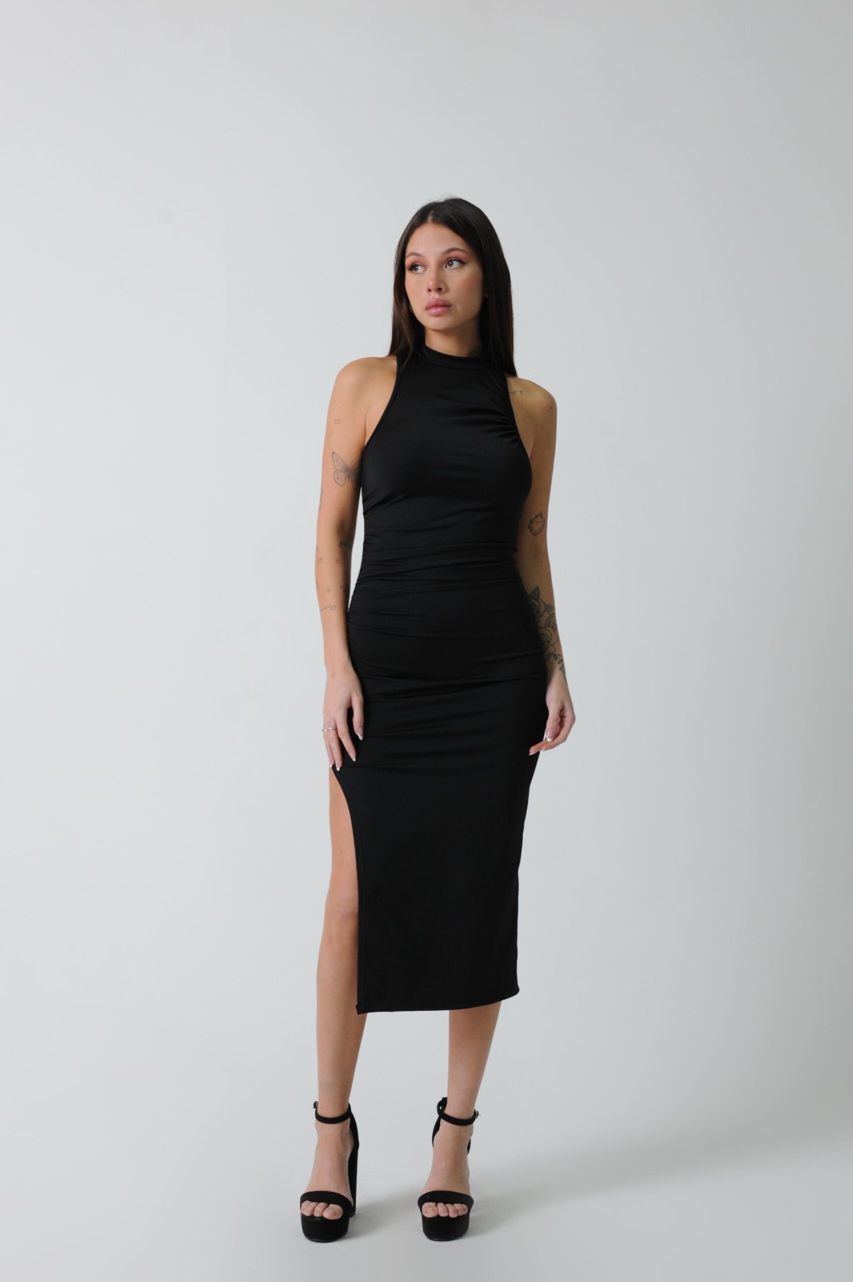 VESTIDO MICROFIBRA CUELLO LARGO FRUNCE