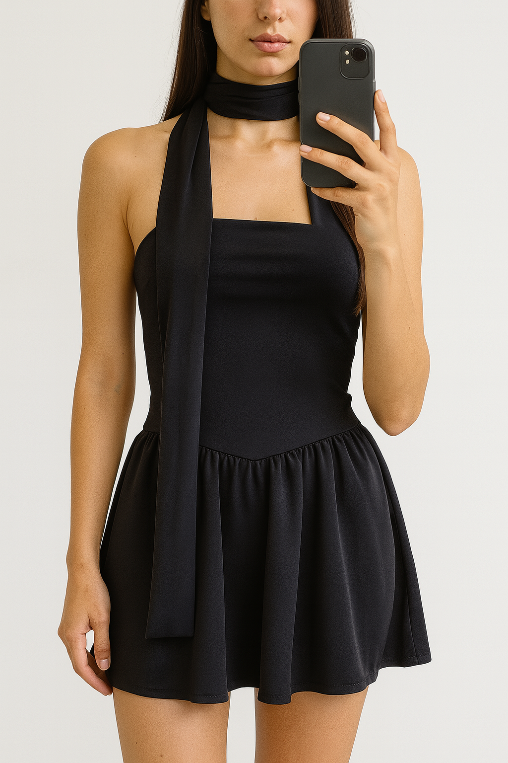 VESTIDO MICROFIBRA LAZO CUELLO Y ACAMPANADO VOLADO
