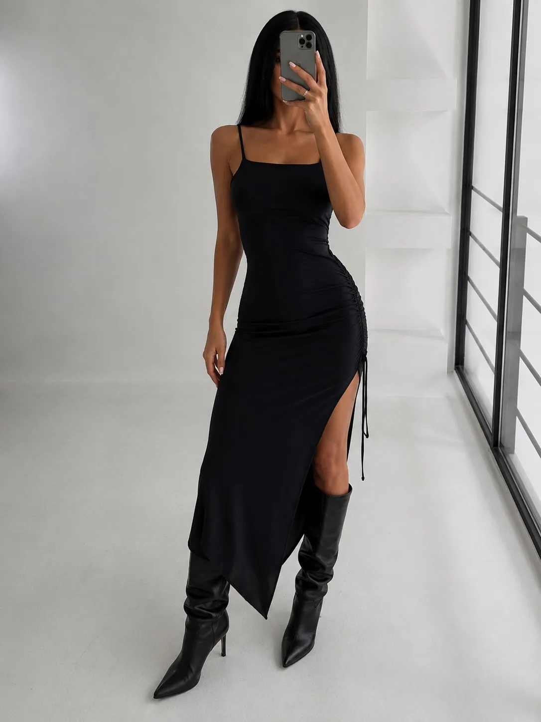 VESTIDO MICROFIBRA LARGO FRUNCE